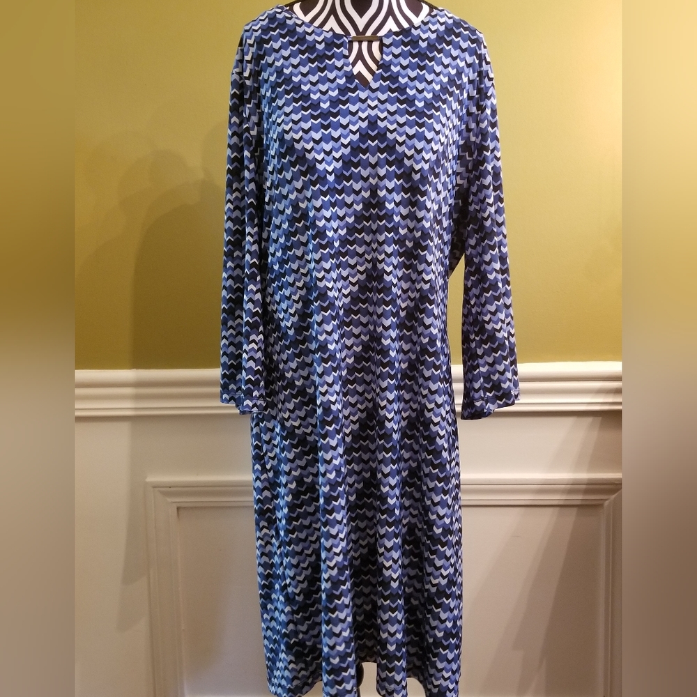 Tacera Blue Chevron Printed Long Sleeve Women's Dress Size Large Knee Length